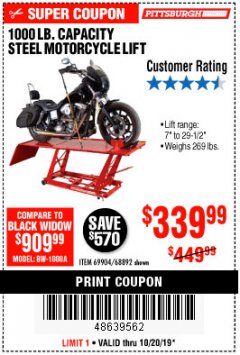 Harbor Freight Coupon 1000 LB. CAPACITY MOTORCYCLE LIFT Lot No. 69904/68892 Expired: 10/20/19 - $339.99