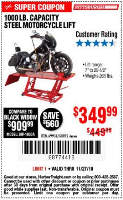 Harbor Freight Coupon 1000 LB. CAPACITY MOTORCYCLE LIFT Lot No. 69904/68892 Expired: 11/27/19 - $349.99
