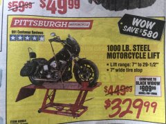 Harbor Freight Coupon 1000 LB. CAPACITY MOTORCYCLE LIFT Lot No. 69904/68892 Expired: 1/12/20 - $329.99
