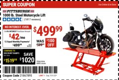 Harbor Freight Coupon 1000 LB. CAPACITY MOTORCYCLE LIFT Lot No. 69904/68892 Expired: 7/31/22 - $499.99