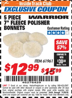Harbor Freight ITC Coupon 5 PIECE 7" FLEECE POLISHER BONNETS Lot No. 61961/93591 Expired: 11/30/18 - $12.99