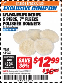 Harbor Freight ITC Coupon 5 PIECE 7" FLEECE POLISHER BONNETS Lot No. 61961/93591 Expired: 11/30/19 - $12.99