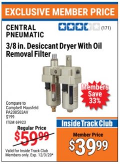 Harbor Freight ITC Coupon 3/8" DESICCANT DRYER WITH OIL REMOVAL FILTER Lot No. 69923 Expired: 12/3/20 - $39.99