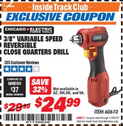 Harbor Freight ITC Coupon 3/8" VARIABLE SPEED REVERSIBLE CLOSE QUARTERS DRILL Lot No. 60610/92956 Expired: 11/30/19 - $24.99