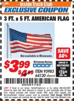 Harbor Freight ITC Coupon 3 FT. x 5 FT. AMERICAN FLAG Lot No. 95983 Expired: 12/31/18 - $3.99