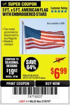 Harbor Freight Coupon 3 FT. x 5 FT. AMERICAN FLAG Lot No. 95983 Expired: 2/24/19 - $6.99