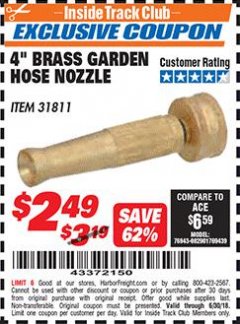 Harbor Freight ITC Coupon 4" BRASS GARDEN HOSE NOZZLE Lot No. 31811 Expired: 6/30/18 - $2.49
