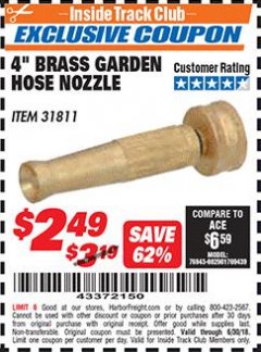 Harbor Freight ITC Coupon 4 IN. BRASS GARDEN HOSE NOZZLE Lot No. 31811 Expired: 6/30/18 - $2.49