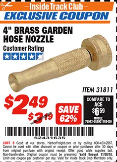 Harbor Freight ITC Coupon 4" BRASS GARDEN HOSE NOZZLE Lot No. 31811 Expired: 11/30/18 - $2.49