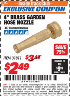 Harbor Freight ITC Coupon 4" BRASS GARDEN HOSE NOZZLE Lot No. 31811 Expired: 2/28/19 - $2.49