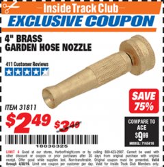 Harbor Freight ITC Coupon 4" BRASS GARDEN HOSE NOZZLE Lot No. 31811 Expired: 4/30/19 - $2.49