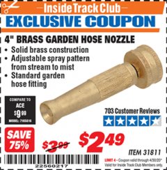 Harbor Freight ITC Coupon 4" BRASS GARDEN HOSE NOZZLE Lot No. 31811 Expired: 4/30/20 - $2.49