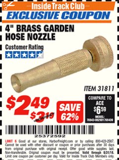Harbor Freight ITC Coupon 4" BRASS GARDEN HOSE NOZZLE Lot No. 31811 Expired: 8/31/18 - $2.49
