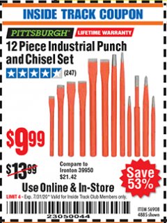 Harbor Freight ITC Coupon 12 PIECE INDUSTRIAL PUNCH AND CHISEL SET Lot No. 4885 Expired: 7/31/20 - $9.99