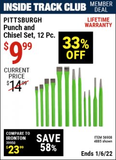 Harbor Freight ITC Coupon 12 PIECE INDUSTRIAL PUNCH AND CHISEL SET Lot No. 4885 Expired: 1/6/22 - $9.99