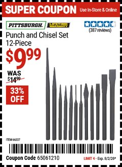 Harbor Freight Coupon PITTSBURGH PUNCH AND CHISEL SET, 12-PIECE Lot No. 4885 Expired: 8/2/26 - $9.99