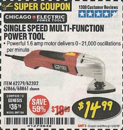 Harbor Freight Coupon MULTIFUNCTION POWER TOOL Lot No. 68861/60428/62279/62302 Expired: 4/30/19 - $14.99