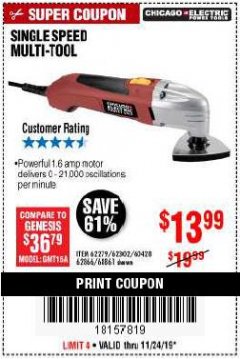 Harbor Freight Coupon MULTIFUNCTION POWER TOOL Lot No. 68861/60428/62279/62302 Expired: 11/24/19 - $13.99