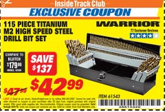 Harbor Freight ITC Coupon 115 PIECE TITANIUM NITRIDE COATED M2 HIGH SPEED STEEL DRILL BIT SET Lot No. 1611/61543 Expired: 8/31/19 - $42.99
