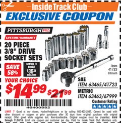 Harbor Freight ITC Coupon 20 PIECE 3/8" DRIVE HIGH VISIBILITY SOCKET SETS Lot No. 63465/41723/67999/63463 Expired: 11/30/18 - $14.99