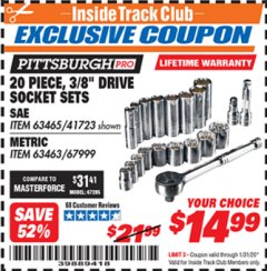 Harbor Freight ITC Coupon 20 PIECE 3/8" DRIVE HIGH VISIBILITY SOCKET SETS Lot No. 63465/41723/67999/63463 Expired: 1/31/20 - $14.99