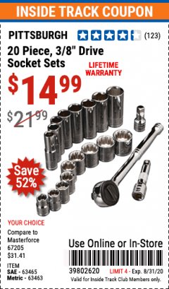 Harbor Freight ITC Coupon 20 PIECE 3/8" DRIVE HIGH VISIBILITY SOCKET SETS Lot No. 63465/41723/67999/63463 Expired: 8/31/20 - $14.99