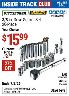 Harbor Freight Coupon PITTSBURGH 3/8 IN. DRIVE SOCKET SET, 20-PIECE Lot No. 63465/63463 Valid: 12/31/69 - 7/2/26 - $15.99