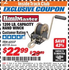Harbor Freight ITC Coupon 1200 LB. CAPACITY HAND WINCH Lot No. 62537/65115 Expired: 6/30/18 - $22.99