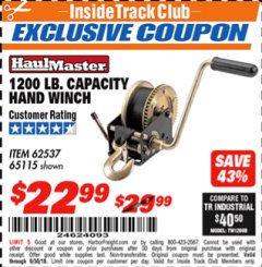 Harbor Freight ITC Coupon 1200 LB. CAPACITY HAND WINCH Lot No. 62537/65115 Expired: 9/30/18 - $22.99