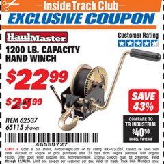 Harbor Freight ITC Coupon 1200 LB. CAPACITY HAND WINCH Lot No. 62537/65115 Expired: 11/30/18 - $22.99