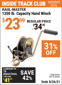 Harbor Freight ITC Coupon 1200 LB. CAPACITY HAND WINCH Lot No. 62537/65115 Expired: 8/26/21 - $23.99