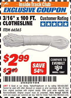 Harbor Freight ITC Coupon 3/16" x 100 FT. CLOTHESLINE Lot No. 66565 Expired: 8/31/18 - $2.99