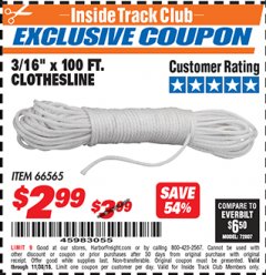 Harbor Freight ITC Coupon 3/16" x 100 FT. CLOTHESLINE Lot No. 66565 Expired: 11/30/18 - $2.99