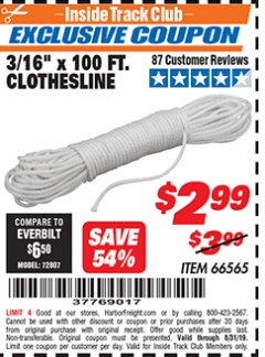 Harbor Freight ITC Coupon 3/16" x 100 FT. CLOTHESLINE Lot No. 66565 Expired: 8/31/19 - $2.99