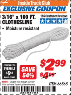 Harbor Freight ITC Coupon 3/16" x 100 FT. CLOTHESLINE Lot No. 66565 Expired: 3/31/20 - $2.99