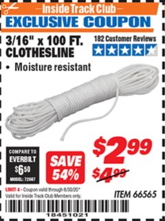 Harbor Freight ITC Coupon 3/16" x 100 FT. CLOTHESLINE Lot No. 66565 Expired: 6/30/20 - $2.99