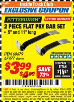 Harbor Freight ITC Coupon PITTSBURGH FLAT PRY BAR SET, 2 PIECE Lot No. 67477 Expired: 12/31/18 - $3.99