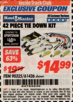 Harbor Freight ITC Coupon 42 PIECE TIE DOWN KIT Lot No. 61426/90325 Expired: 7/31/19 - $14.99