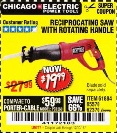 Harbor Freight Coupon RECIPROCATING SAW WITH ROTATING HANDLE Lot No. 65570/61884/62370 Expired: 12/20/18 - $19.99