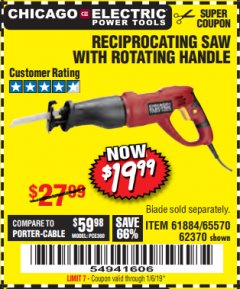 Harbor Freight Coupon RECIPROCATING SAW WITH ROTATING HANDLE Lot No. 65570/61884/62370 Expired: 1/6/19 - $19.99