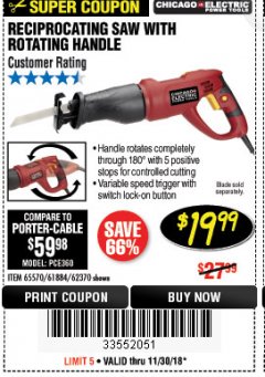 Harbor Freight Coupon RECIPROCATING SAW WITH ROTATING HANDLE Lot No. 65570/61884/62370 Expired: 11/30/18 - $19.99