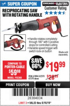 Harbor Freight Coupon RECIPROCATING SAW WITH ROTATING HANDLE Lot No. 65570/61884/62370 Expired: 6/16/19 - $19.99