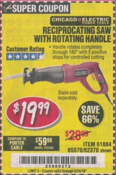 Harbor Freight Coupon RECIPROCATING SAW WITH ROTATING HANDLE Lot No. 65570/61884/62370 Expired: 8/24/19 - $19.99