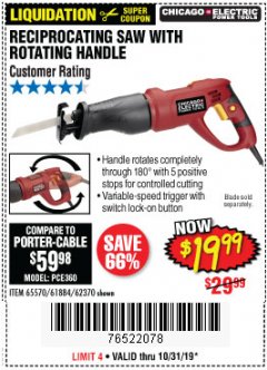 Harbor Freight Coupon RECIPROCATING SAW WITH ROTATING HANDLE Lot No. 65570/61884/62370 Expired: 10/31/19 - $19.99