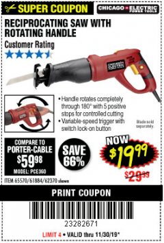 Harbor Freight Coupon RECIPROCATING SAW WITH ROTATING HANDLE Lot No. 65570/61884/62370 Expired: 11/30/19 - $19.99