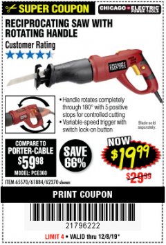 Harbor Freight Coupon RECIPROCATING SAW WITH ROTATING HANDLE Lot No. 65570/61884/62370 Expired: 12/8/19 - $19.99