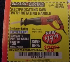 Harbor Freight Coupon RECIPROCATING SAW WITH ROTATING HANDLE Lot No. 65570/61884/62370 Expired: 2/20/20 - $19.99