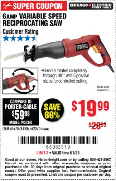 Harbor Freight Coupon RECIPROCATING SAW WITH ROTATING HANDLE Lot No. 65570/61884/62370 Expired: 6/30/20 - $19.99
