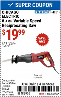 Harbor Freight Coupon RECIPROCATING SAW WITH ROTATING HANDLE Lot No. 65570/61884/62370 Expired: 8/31/20 - $19.99