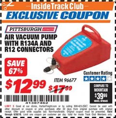 Harbor Freight ITC Coupon AIR VACUUM PUMP WITH R134A AND R12 CONNECTORS Lot No. 96677 Expired: 6/30/18 - $12.99